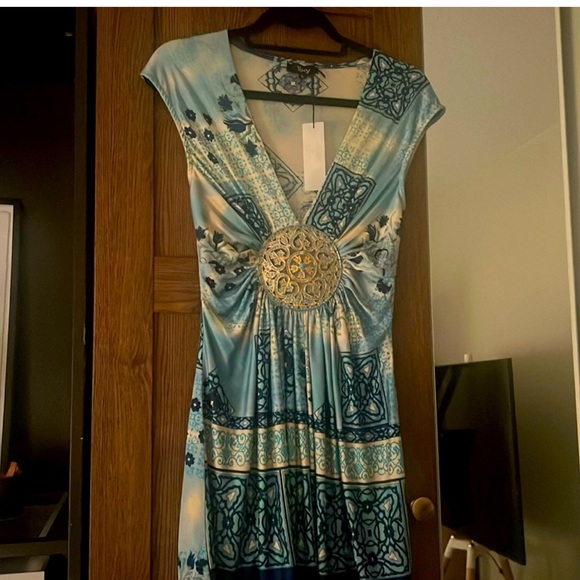 SKY RESORT MINI DRESS WITH METAL JEWLED PLATE IN AQUA GEOMETRIC PRINT - Picture 5 of 5